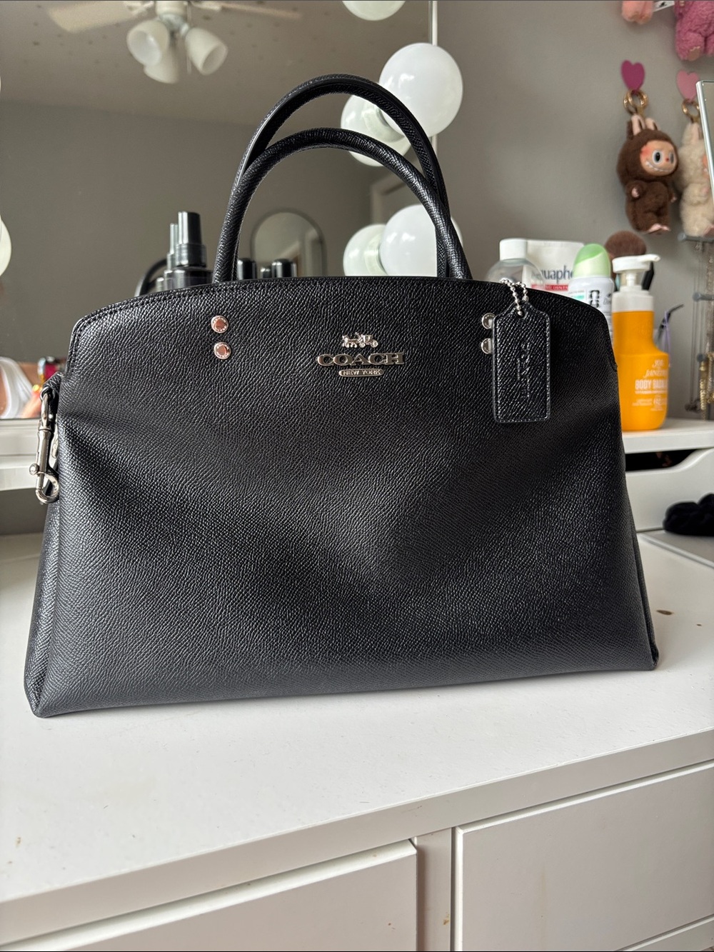 Coach Black Leather Satchel with Top Handles and Logo Tag